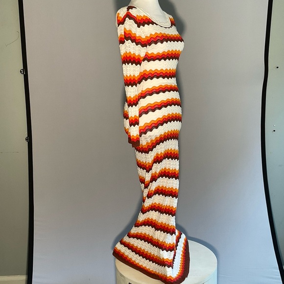 Bodycon Striking Striped Long Sleeve Crocheted Maxi Dress with Deep Scoop Back - Picture 2 of 16